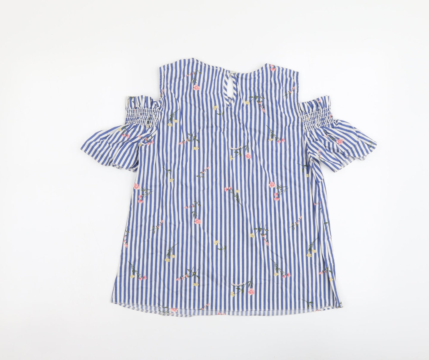 Papaya Womens Blue Striped Cotton Basic Blouse Size 10 Round Neck - Cold Shoulder Flower Detail
