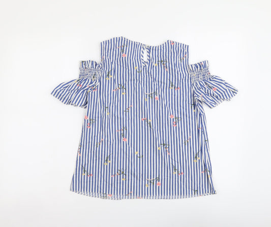 Papaya Womens Blue Striped Cotton Basic Blouse Size 10 Round Neck - Cold Shoulder Flower Detail