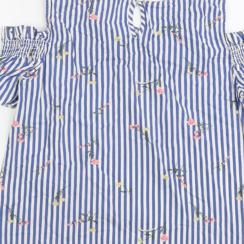 Papaya Womens Blue Striped Cotton Basic Blouse Size 10 Round Neck - Cold Shoulder Flower Detail