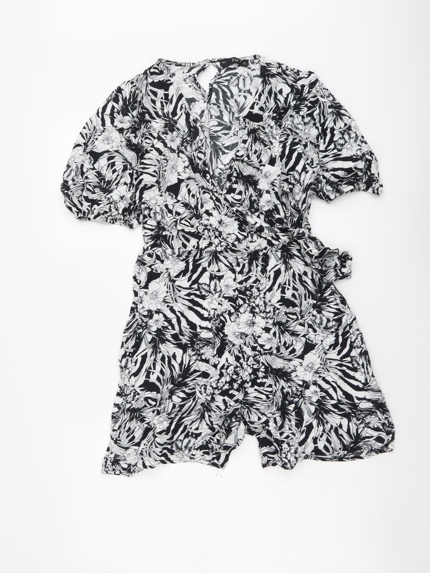 F&F Womens Black Floral Viscose Playsuit One-Piece Size 8 Pullover