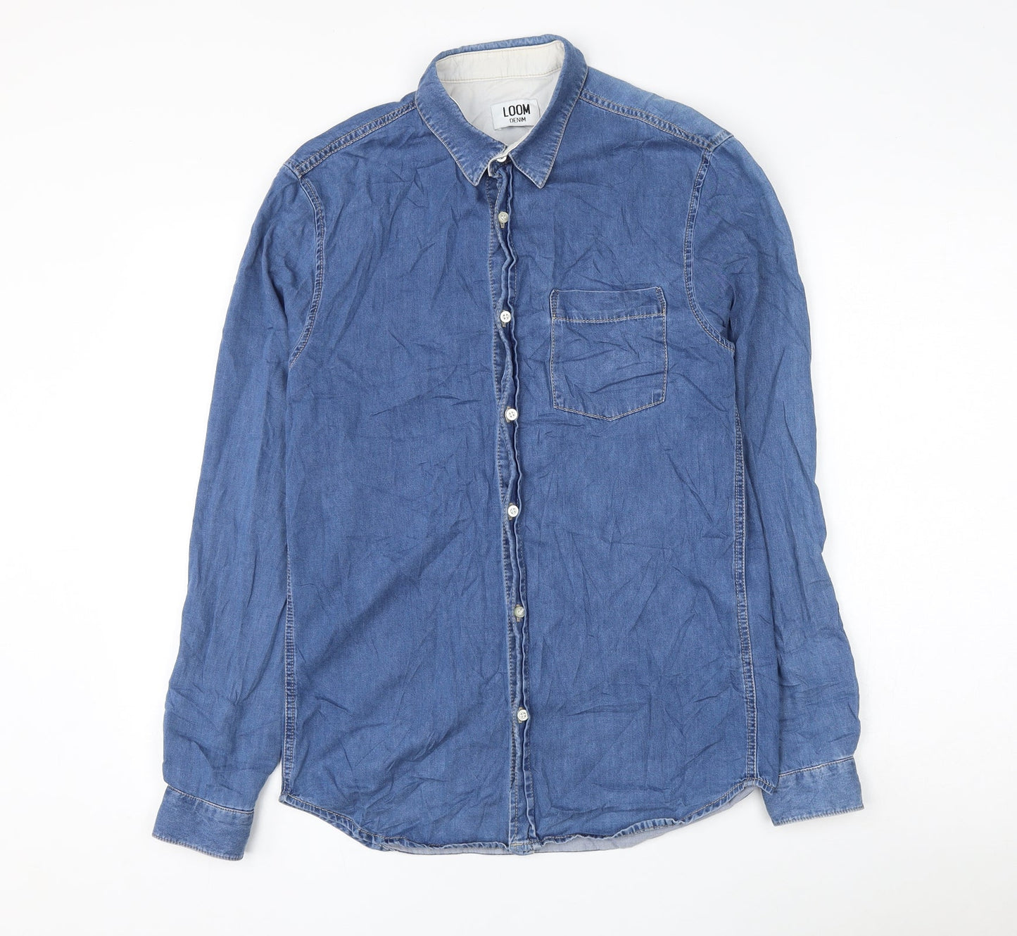 Mens UK Size S Loom Denim Blue  Button-Up Long Sleeve Casual Shirt