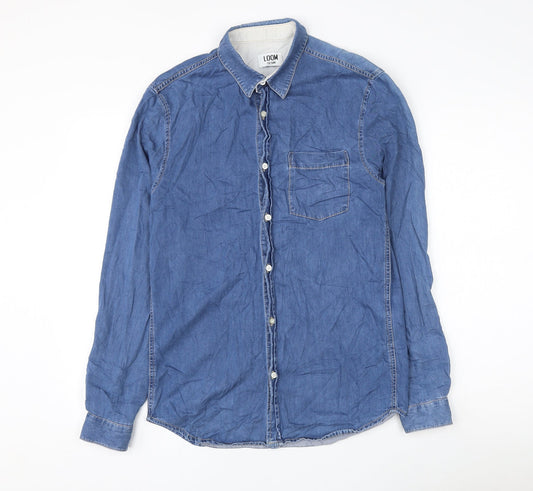 Mens UK Size S Loom Denim Blue  Button-Up Long Sleeve Casual Shirt