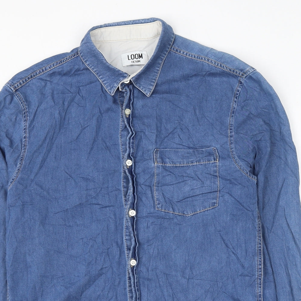 Mens UK Size S Loom Denim Blue  Button-Up Long Sleeve Casual Shirt