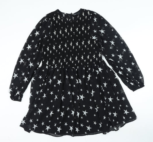 ASOS Womens Black Geometric Polyester A-Line Size 8 Round Neck Zip - Star Print