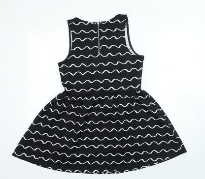 Divided Womens Black Geometric Polyester A-Line Size M Boat Neck Zip