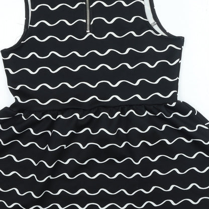 Divided Womens Black Geometric Polyester A-Line Size M Boat Neck Zip