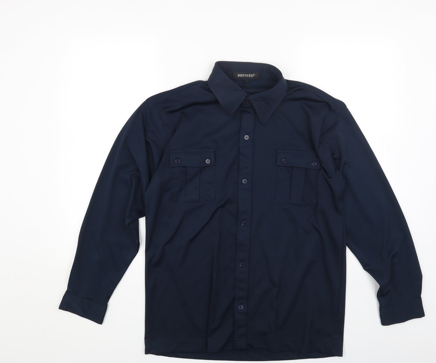 Refind Mens Blue Polyester Button-Up Size S Collared Button