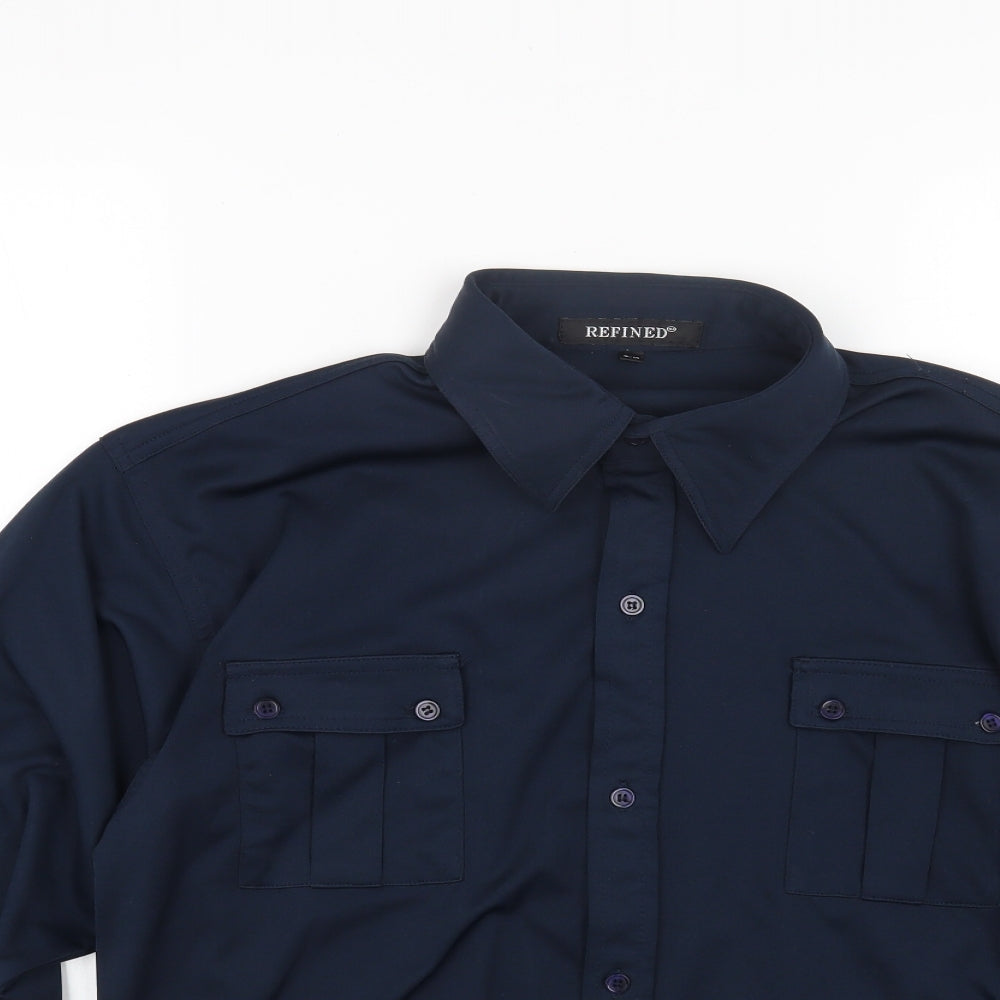Refind Mens Blue Polyester Button-Up Size S Collared Button