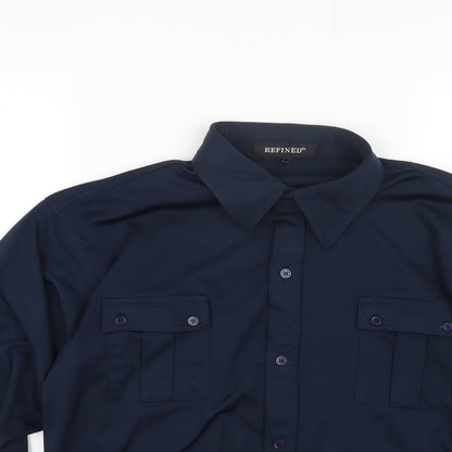 Refind Mens Blue Polyester Button-Up Size S Collared Button