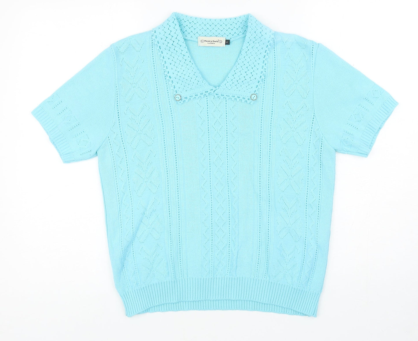 Merry Gold London Womens Blue Collared Acrylic Pullover Jumper Size S