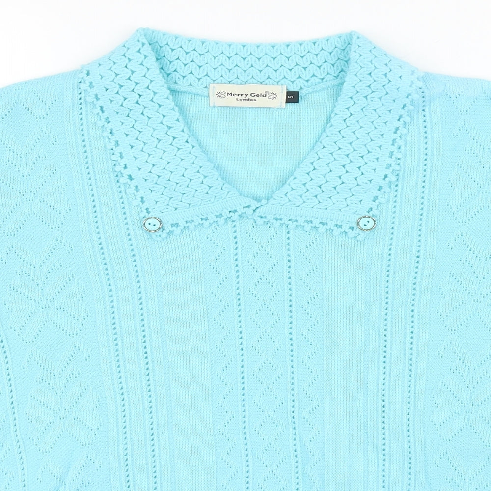 Merry Gold London Womens Blue Collared Acrylic Pullover Jumper Size S