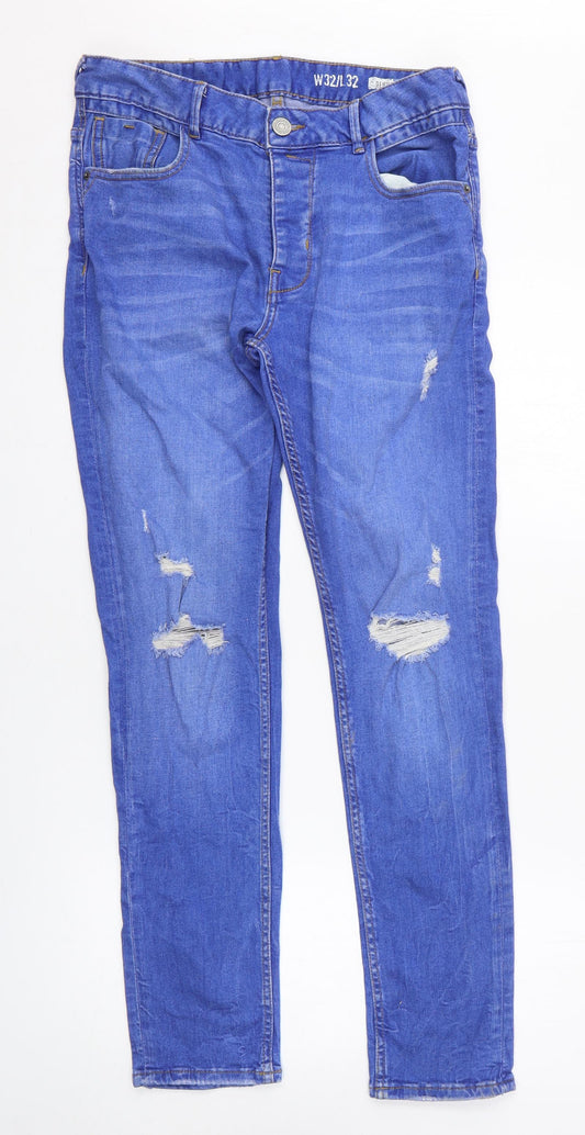 Denim & Co. Mens Blue Cotton Skinny Jeans Size 32 in L32 in Regular Button - Distressed Look