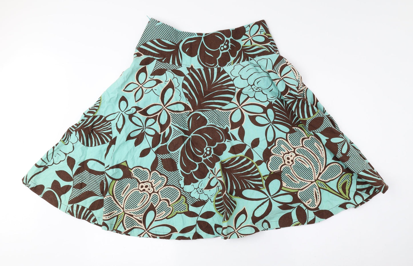 H&M Womens Brown Floral Linen Flare Skirt Size 10 Zip