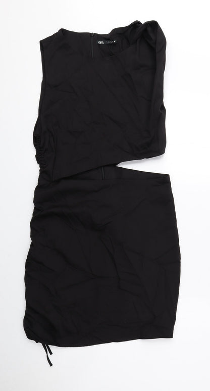 Zara Womens Black Cotton Mini Size L Round Neck Zip