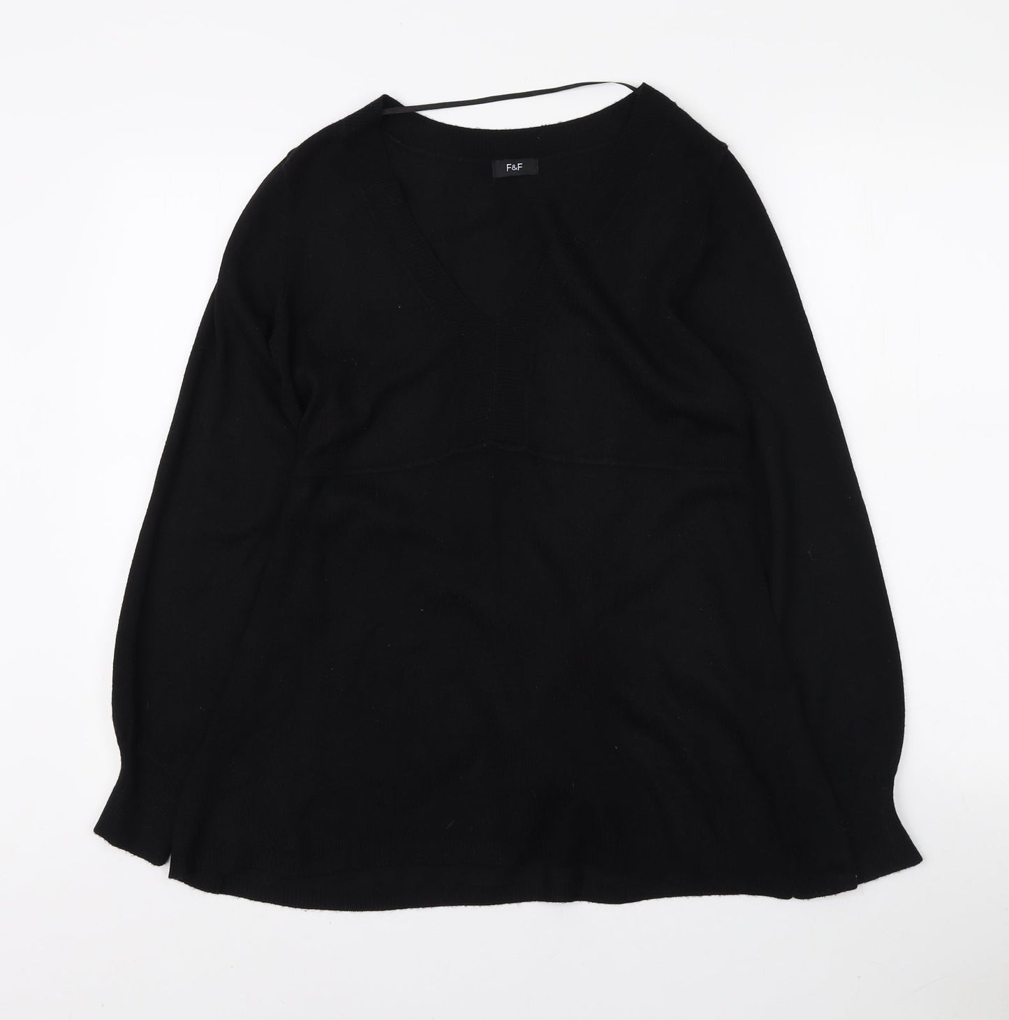 F&F Womens Black V-Neck Acrylic Tunic Jumper Size 12
