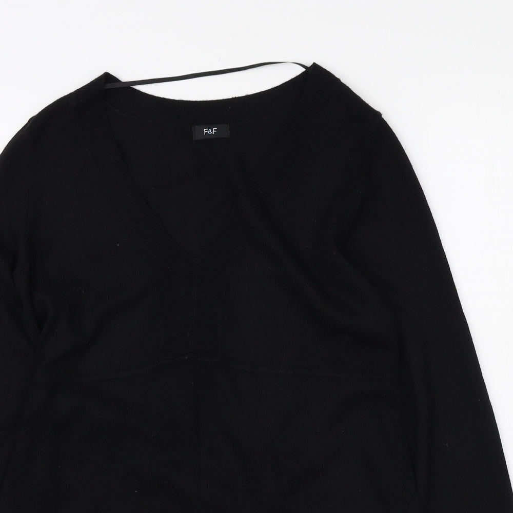 F&F Womens Black V-Neck Acrylic Tunic Jumper Size 12