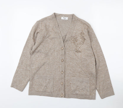 Cane Womens Beige V-Neck Acrylic Cardigan Jumper Size M