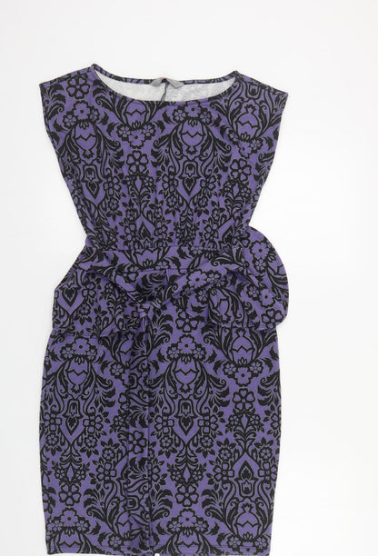 Dorothy Perkins Womens Purple Floral Polyester Pencil Dress Size 10 Boat Neck Tie