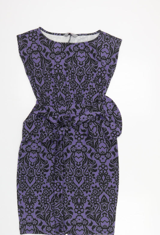 Dorothy Perkins Womens Purple Floral Polyester Pencil Dress Size 10 Boat Neck Tie