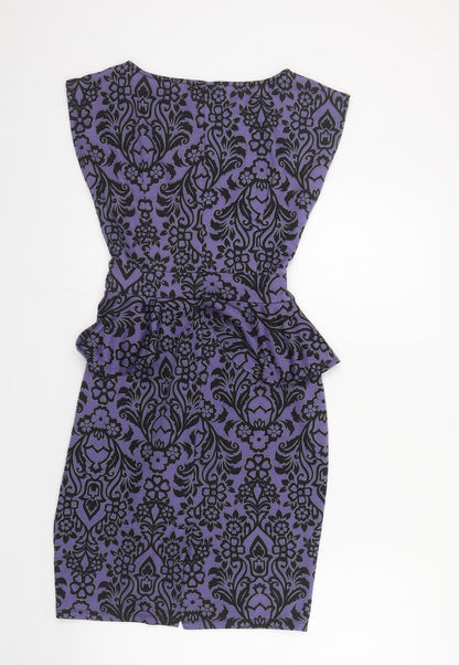 Dorothy Perkins Womens Purple Floral Polyester Pencil Dress Size 10 Boat Neck Tie