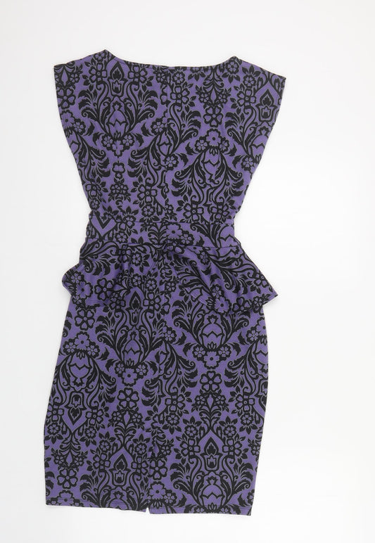 Dorothy Perkins Womens Purple Floral Polyester Pencil Dress Size 10 Boat Neck Tie