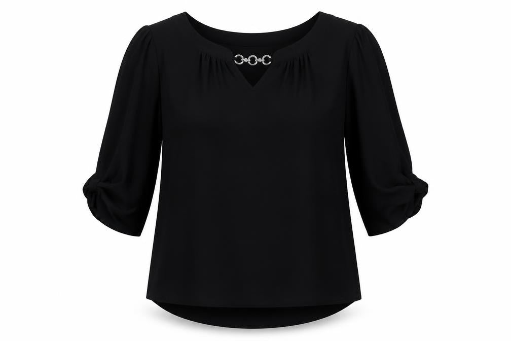 Billie & Blossom Womens Black Polyester Basic Blouse Size 8 Boat Neck - Chain Detail