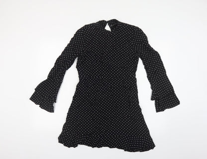 Zara Womens Black Polka Dot Viscose Fit & Flare Size S Mock Neck Zip