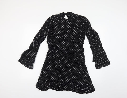 Zara Womens Black Polka Dot Viscose Fit & Flare Size S Mock Neck Zip