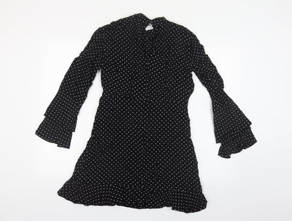 Zara Womens Black Polka Dot Viscose Fit & Flare Size S Mock Neck Zip