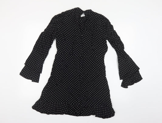 Zara Womens Black Polka Dot Viscose Fit & Flare Size S Mock Neck Zip