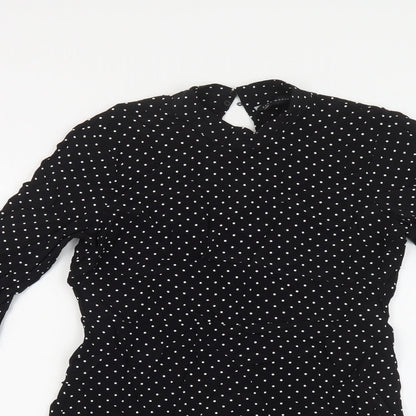Zara Womens Black Polka Dot Viscose Fit & Flare Size S Mock Neck Zip