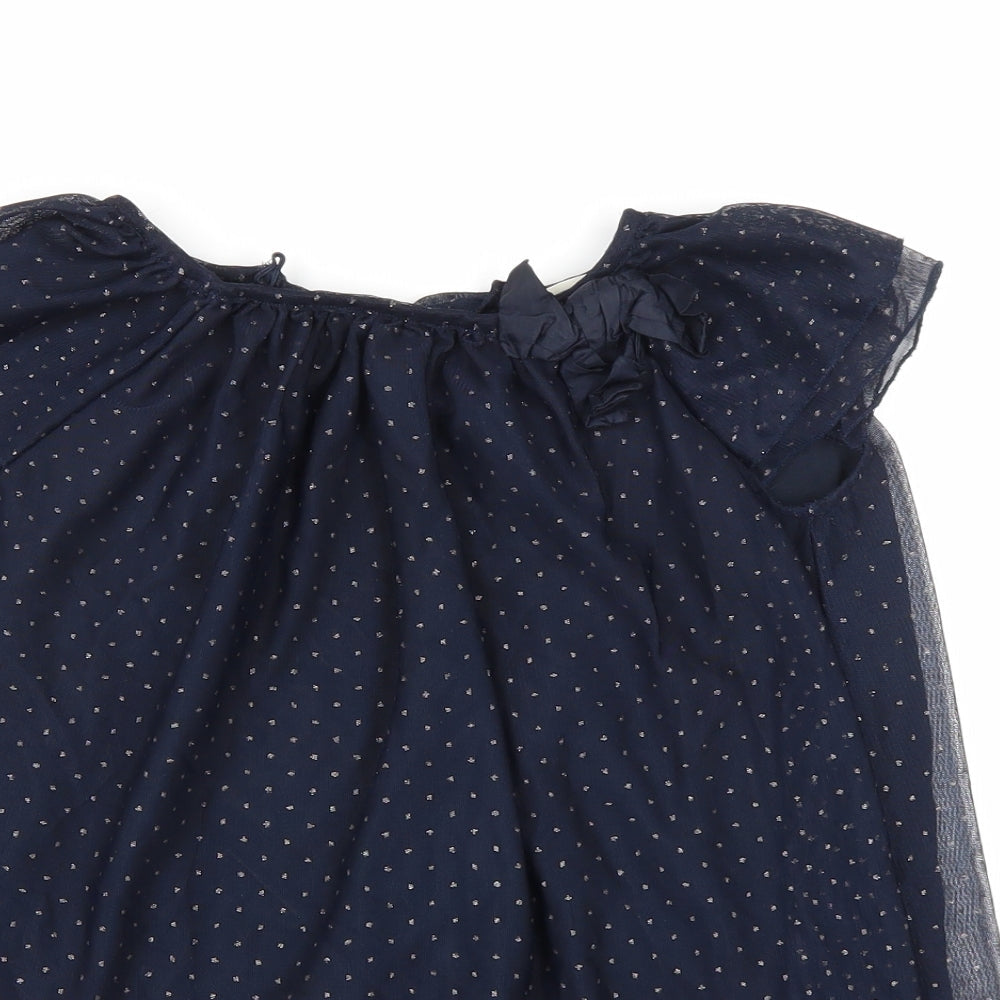 Zara Girls Blue Polka Dot Polyester Basic T-Shirt Size 5-6 Years Round Neck Button