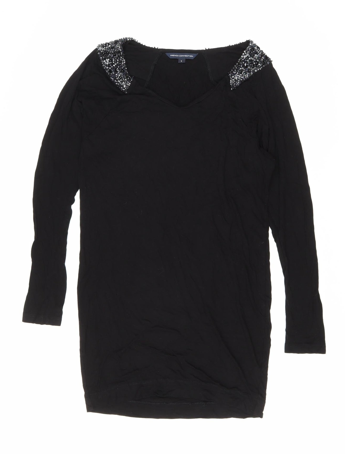 French Connection Womens Black Viscose T-Shirt Dress Size S Round Neck Pullover