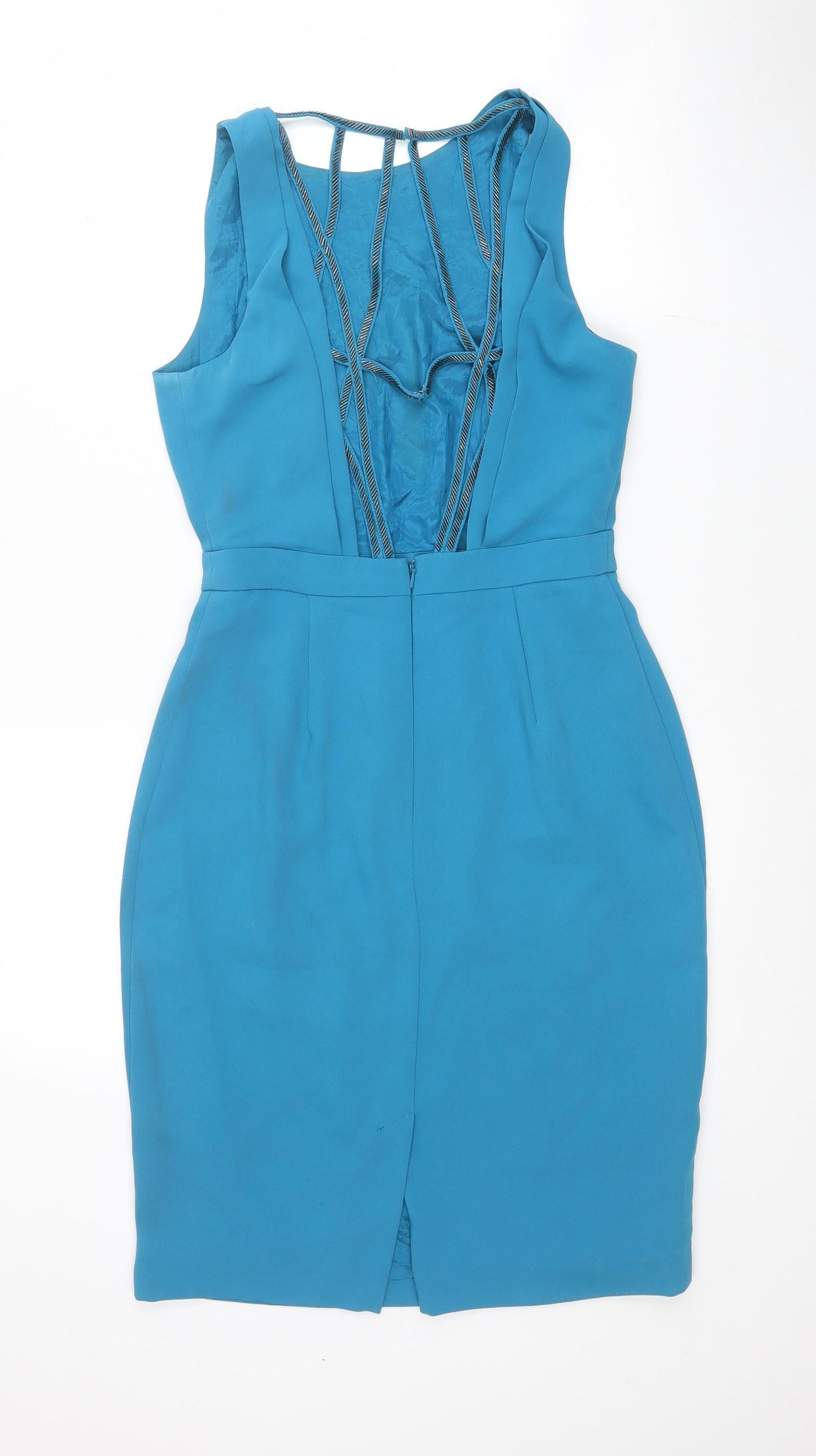 Warehouse Womens Blue Polyester A-Line Size 8 Round Neck Buckle