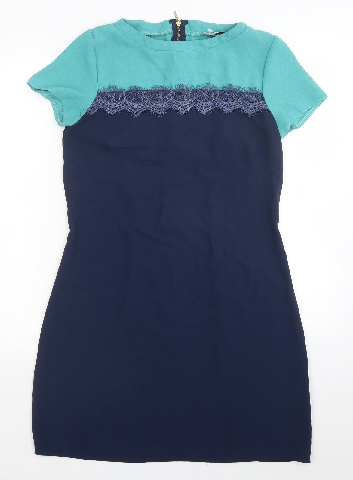 Closet Womens Blue Colourblock Polyester A-Line Size 12 Round Neck Zip - Lace Detail