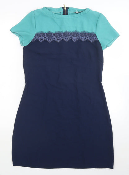 Closet Womens Blue Colourblock Polyester A-Line Size 12 Round Neck Zip - Lace Detail