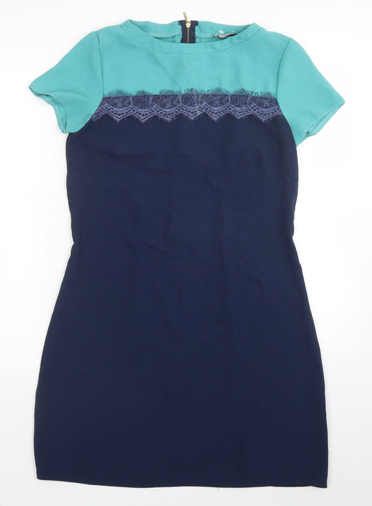 Closet Womens Blue Colourblock Polyester A-Line Size 12 Round Neck Zip - Lace Detail