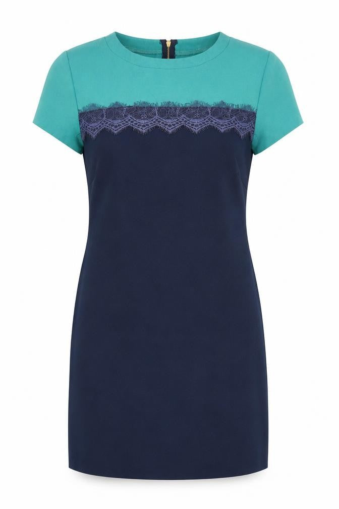 Closet Womens Blue Colourblock Polyester A-Line Size 12 Round Neck Zip - Lace Detail