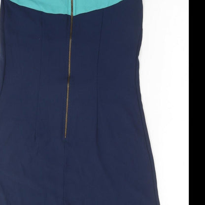 Closet Womens Blue Colourblock Polyester A-Line Size 12 Round Neck Zip - Lace Detail