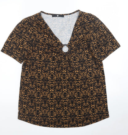Very Womens Black Geometric Viscose Jersey T-Shirt Size 12 V-Neck
