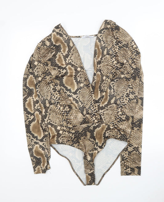 Zara Womens Brown Animal Print Polyester Bodysuit One-Piece Size M Button