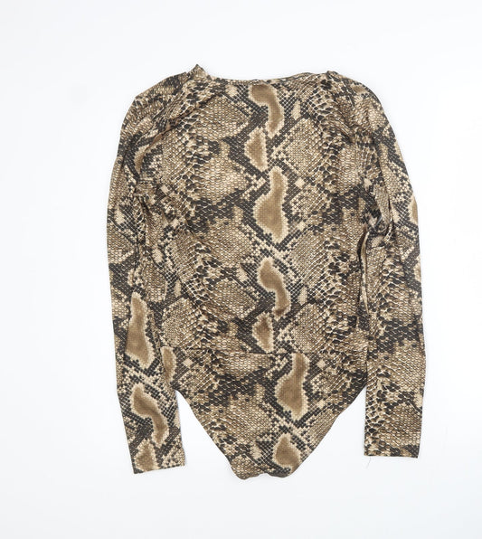 Zara Womens Brown Animal Print Polyester Bodysuit One-Piece Size M Button