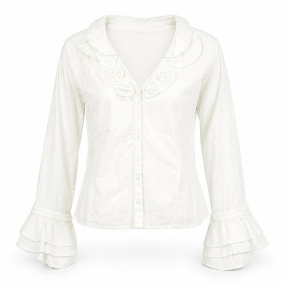 DIFFERENCE Womens White Cotton Jersey Blouse Size 4 Collared - Roses