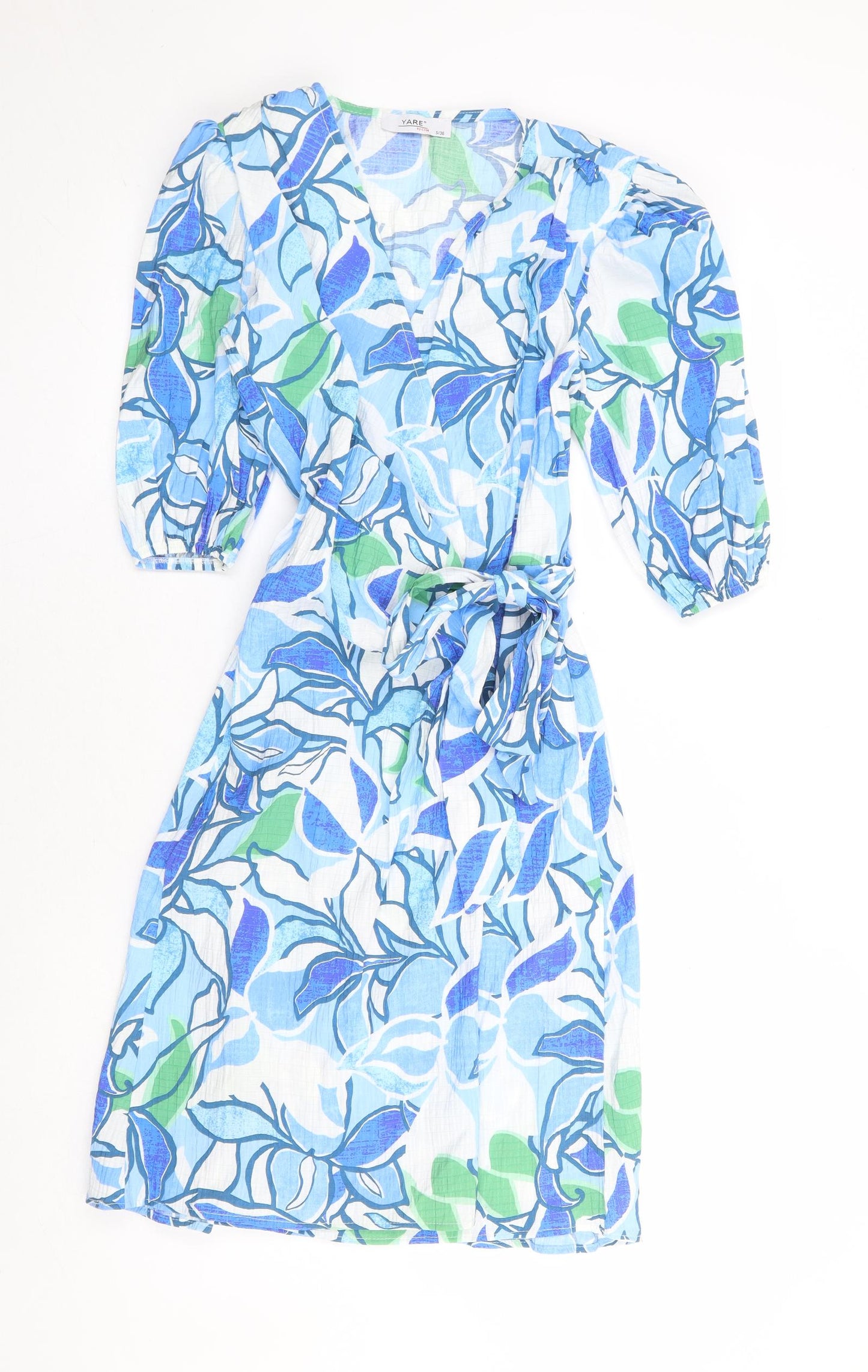 Yare Womens Blue Floral Polyester Wrap Dress Size S V-Neck Tie