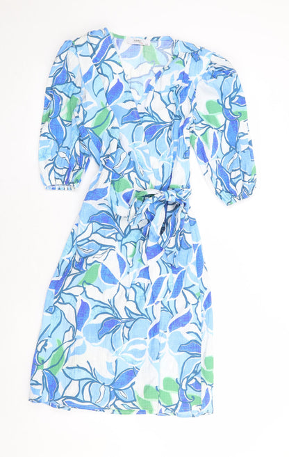 Yare Womens Blue Floral Polyester Wrap Dress Size S V-Neck Tie