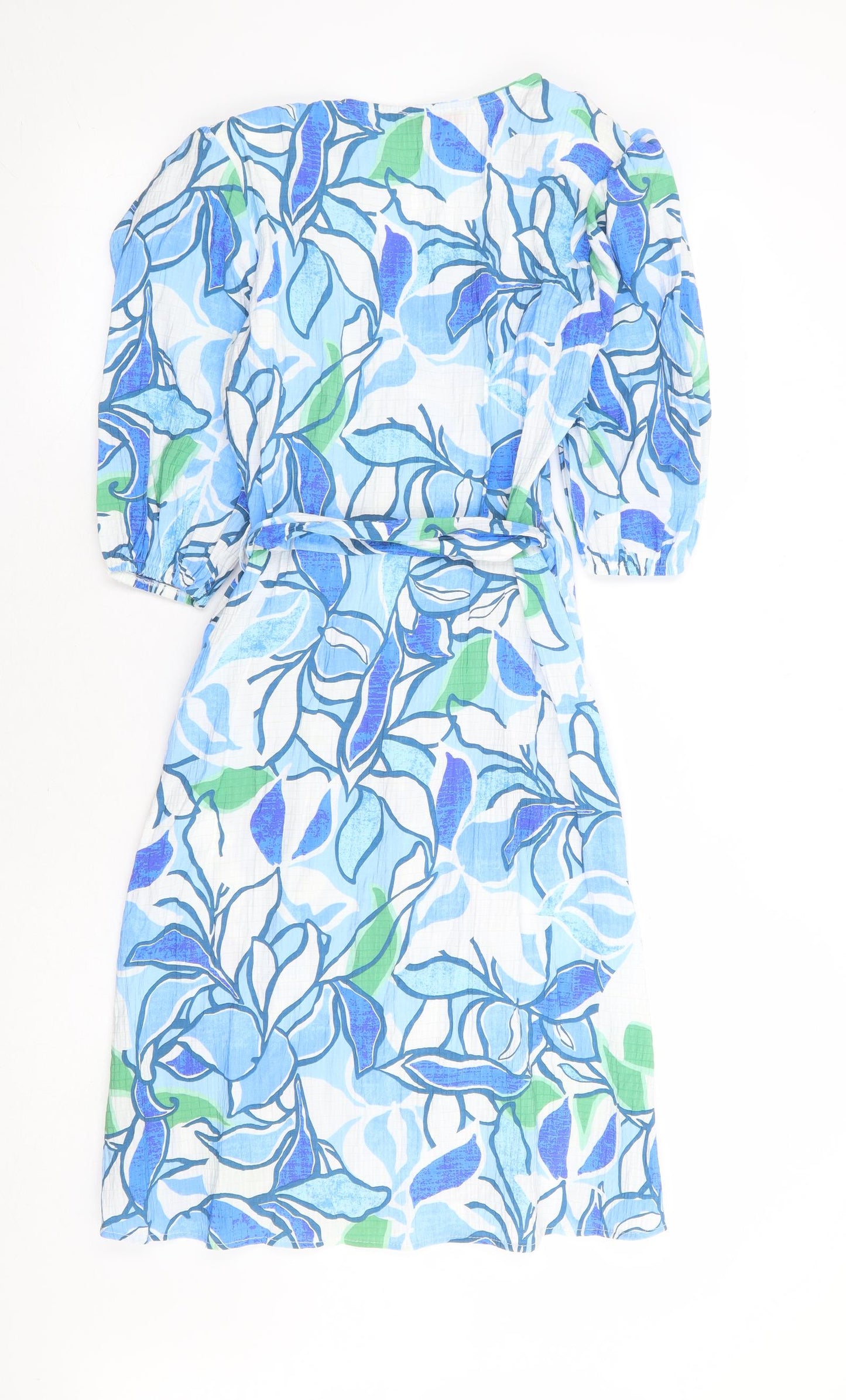 Yare Womens Blue Floral Polyester Wrap Dress Size S V-Neck Tie