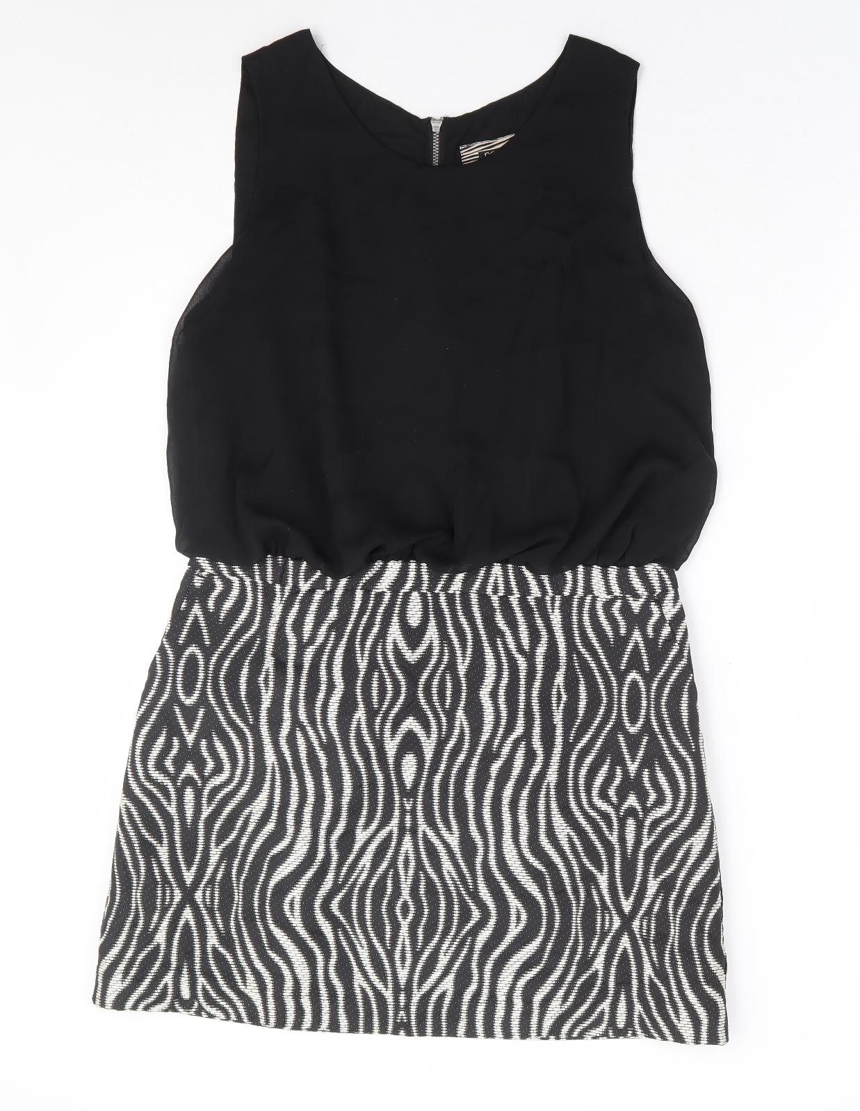 NEXT Womens Black Geometric Polyester A-Line Size 14 Round Neck Zip