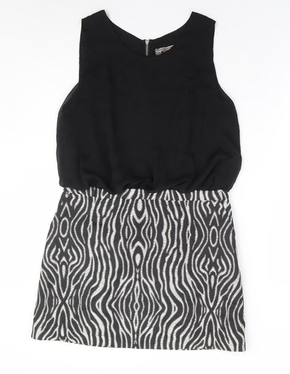 NEXT Womens Black Geometric Polyester A-Line Size 14 Round Neck Zip