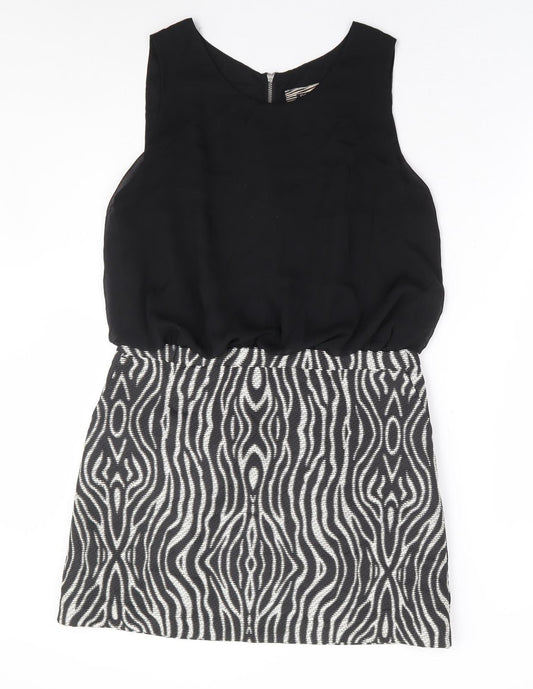 NEXT Womens Black Geometric Polyester A-Line Size 14 Round Neck Zip