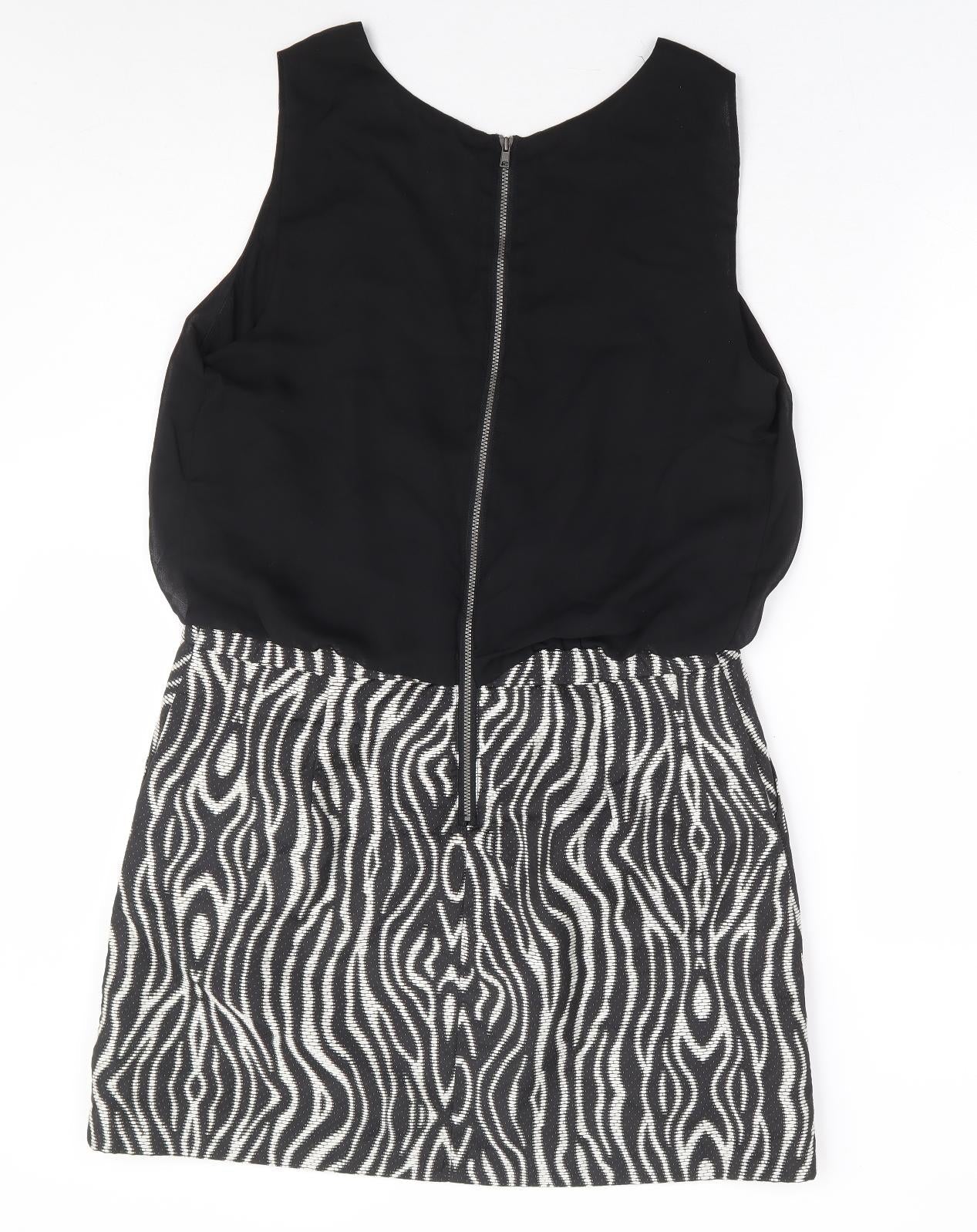 NEXT Womens Black Geometric Polyester A-Line Size 14 Round Neck Zip